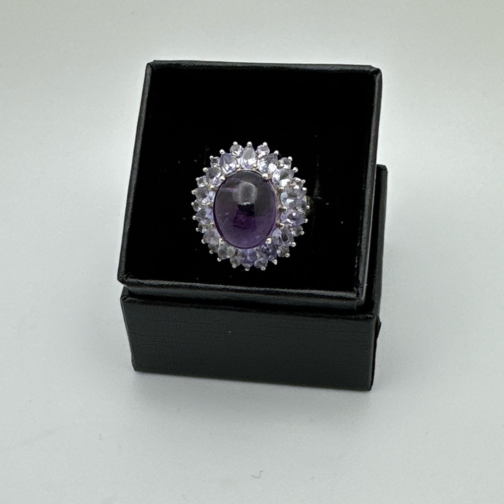 Amethyst Cocktail Ring On 925 Sterling Silver With Clear Stone Cluster Size 10